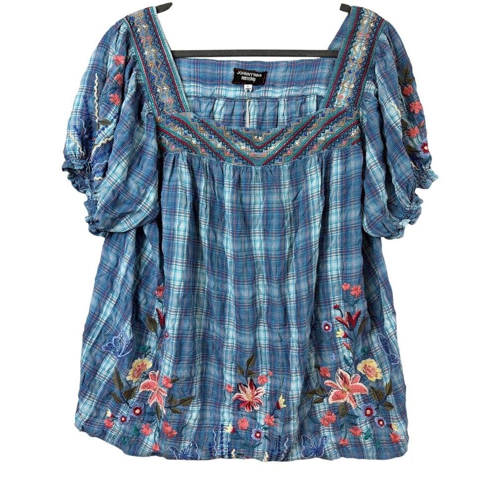Johnny Was Multicolor Floral Embroidery Square Neck Bubble Sleeve Top Size XL